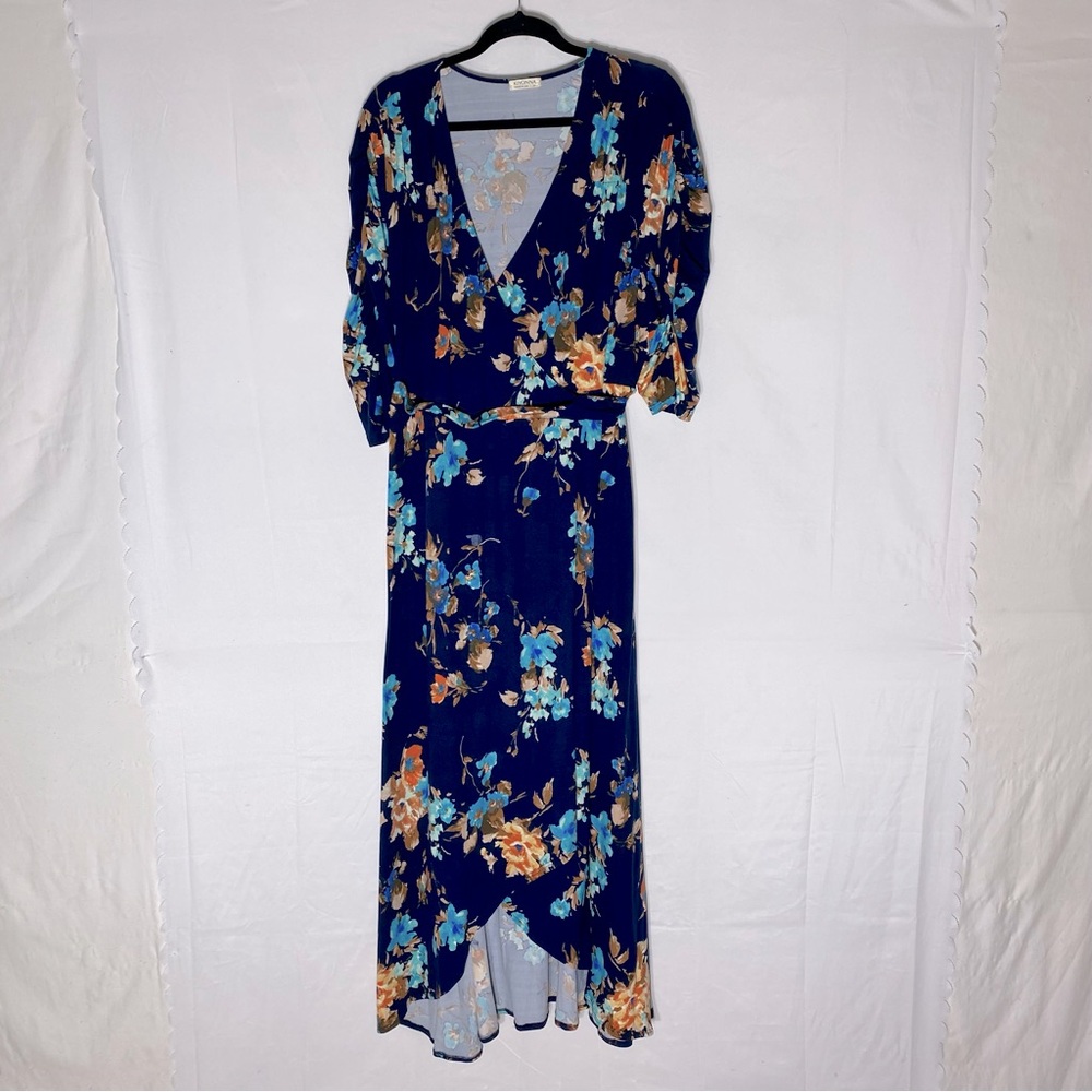 Kiyonna Blue Orange Floral Half Sleeve Wrap Dress 3XL